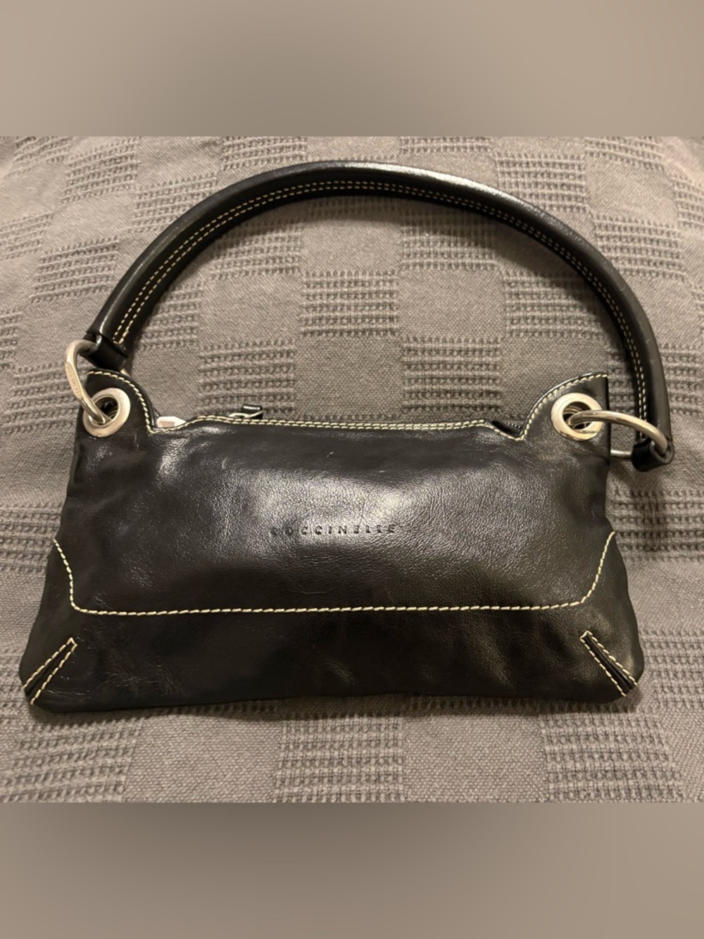Coccinelle Vintage, Authentic Black Leather Shoulder Bag with Cream Stitching